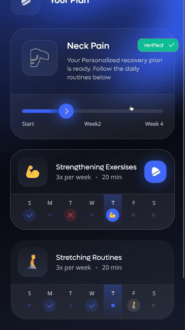 Personalized mobility plan for back pain shown inside the Moovv app