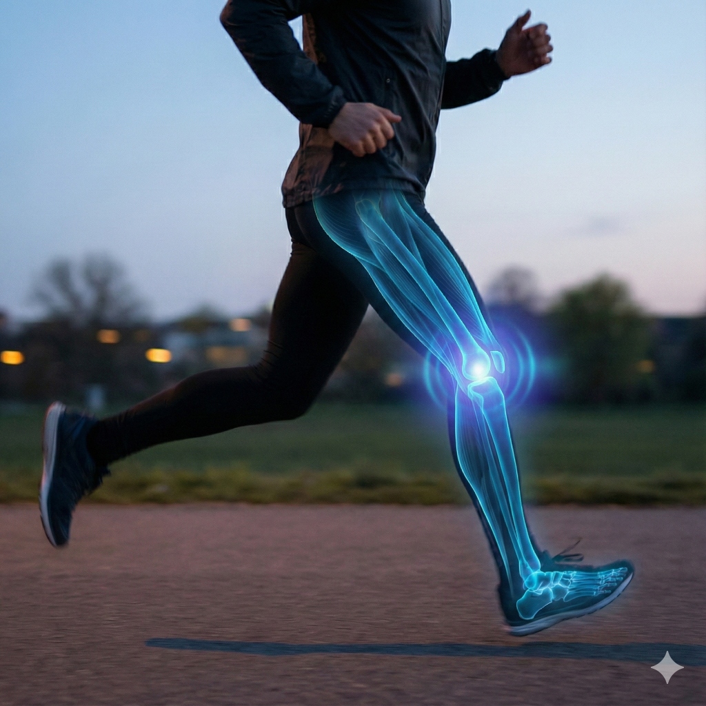 Runner with skeletal mobility overlay — Moovv mobility analysis